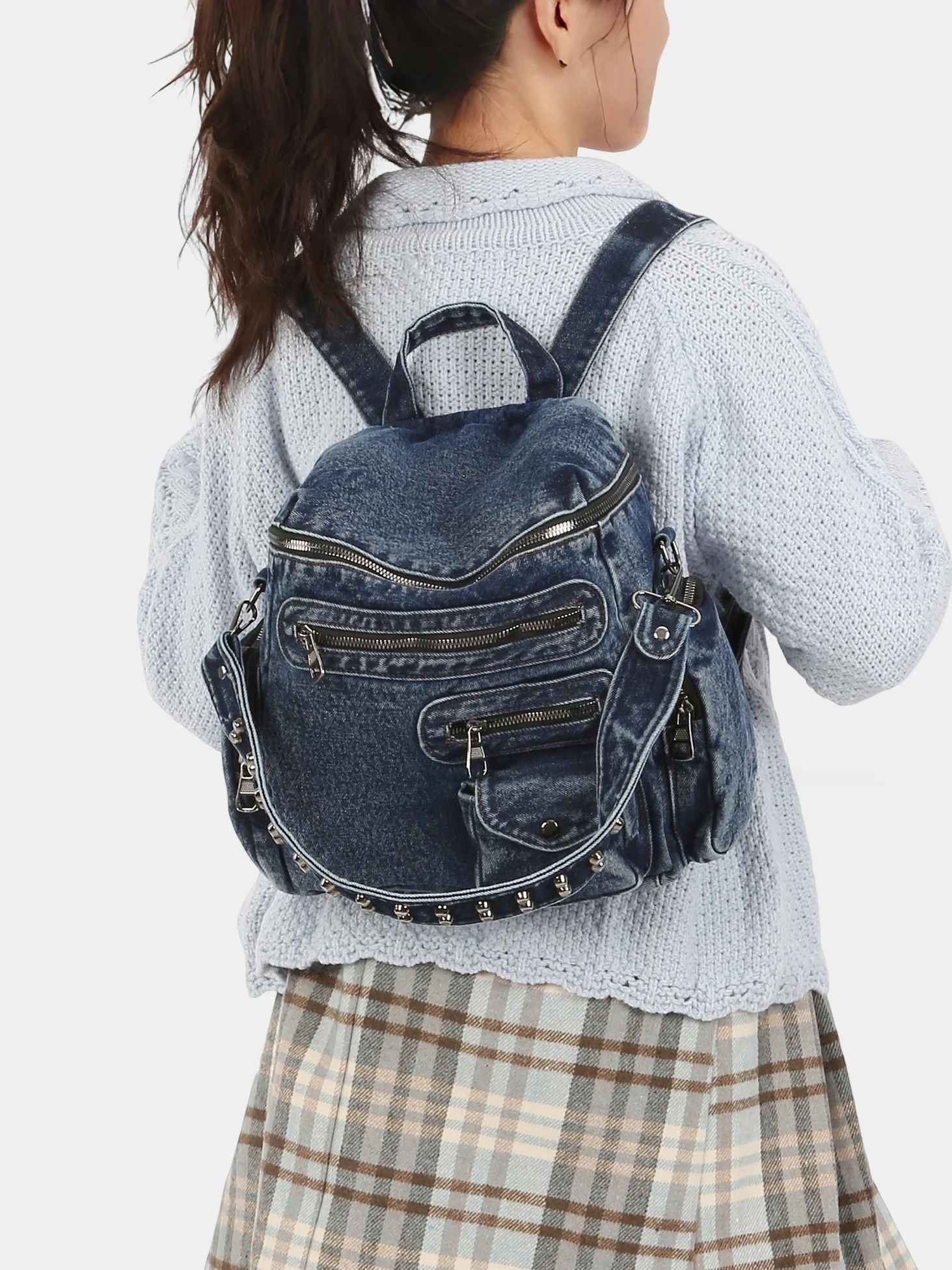 Retro Washed Denim Casual Women's Backpack Punk Multi-Pocket Single Shoulder Double Shoulder Bag Commuter Soft Handle Zipper ...