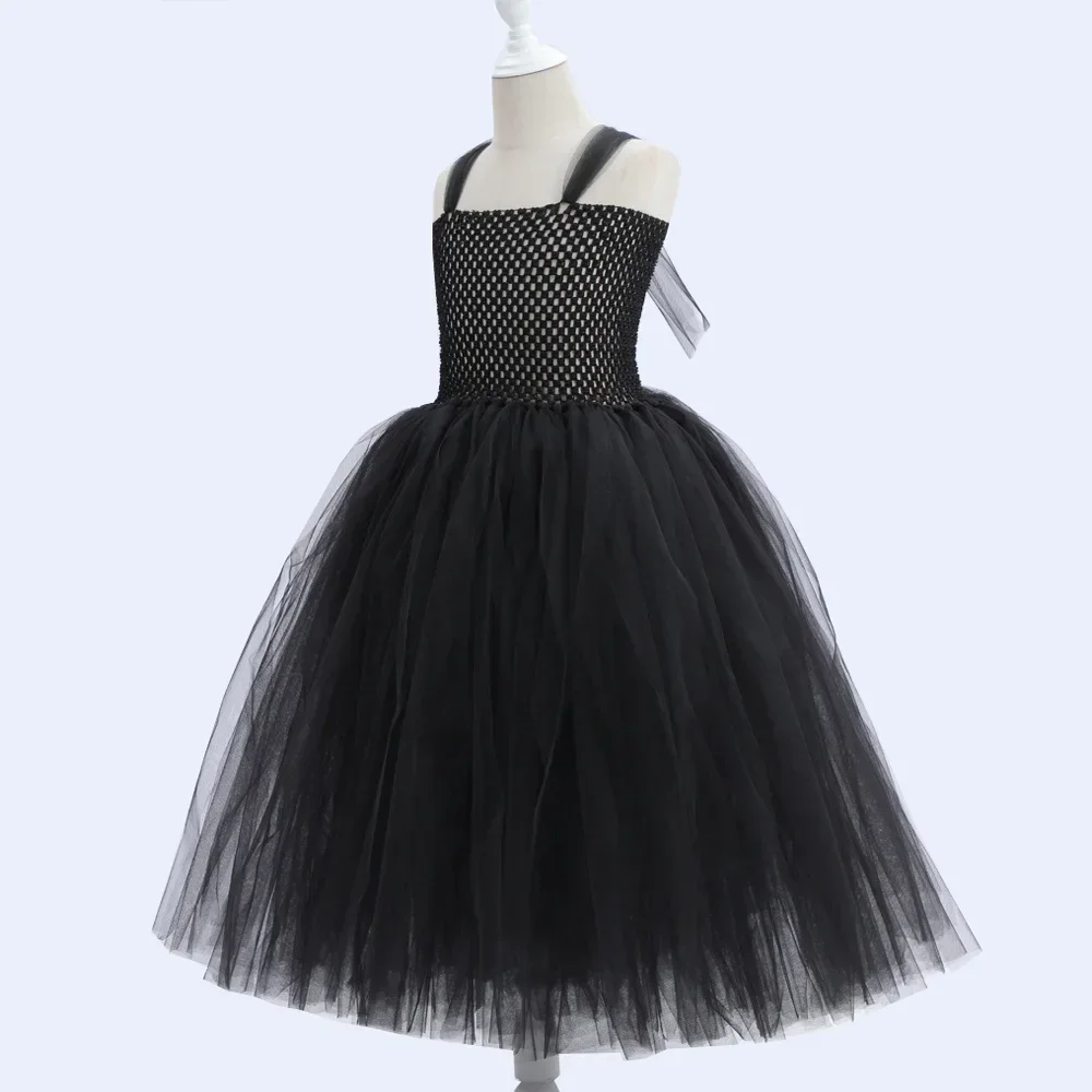 Mädchen Cosplay Kostüm Kleid Kinder Böse Königin Rollenspiel Outfit Schwarzes Federflügel Netz-Tutu-Kleid für Halloween Karneval – Detail 8
