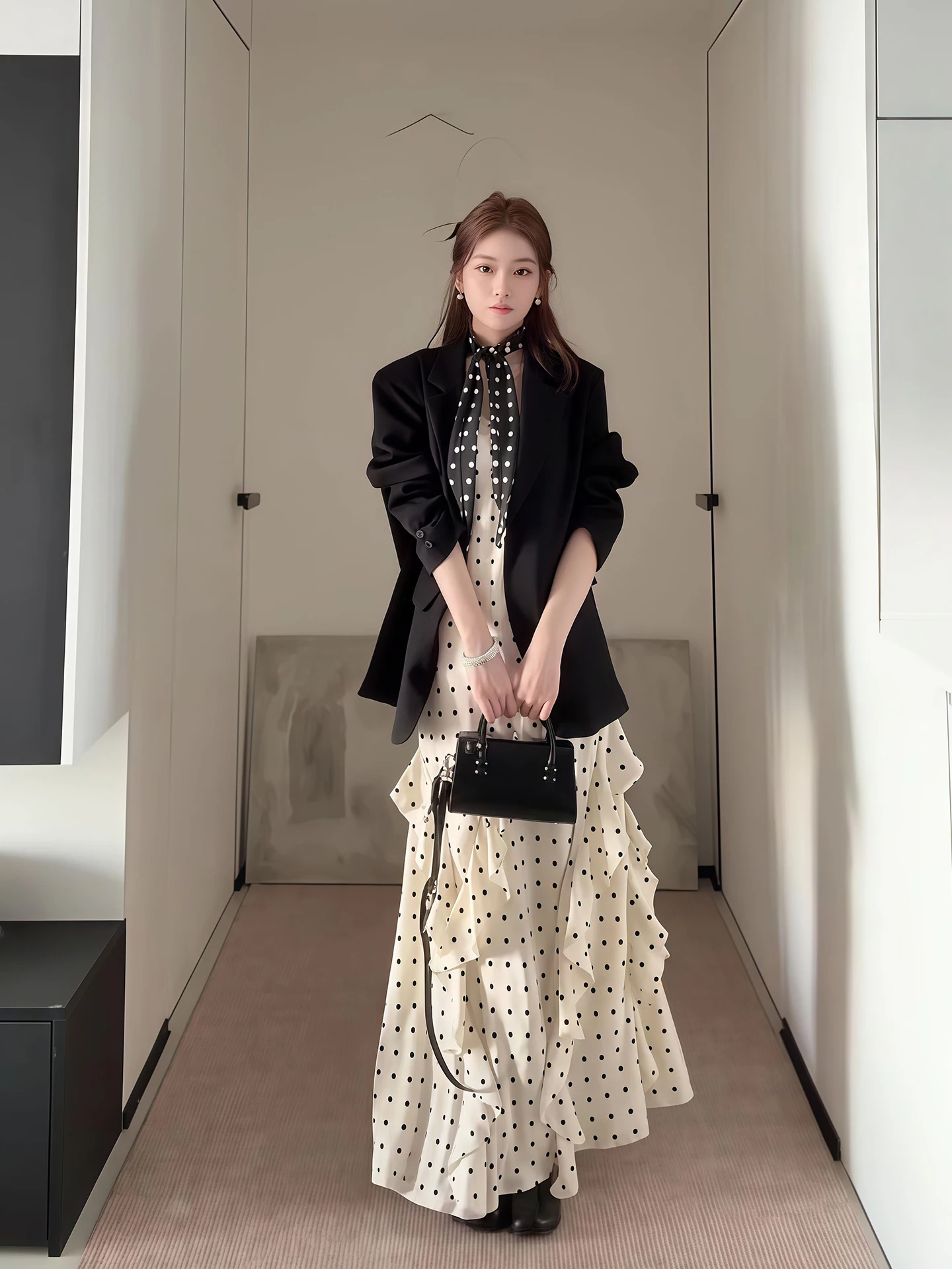 

Костюм FEMPILOT: повседневный комплект из двух предметов с черным платьем в горошек, длинным рукавом, миди-длиной и пиджаком