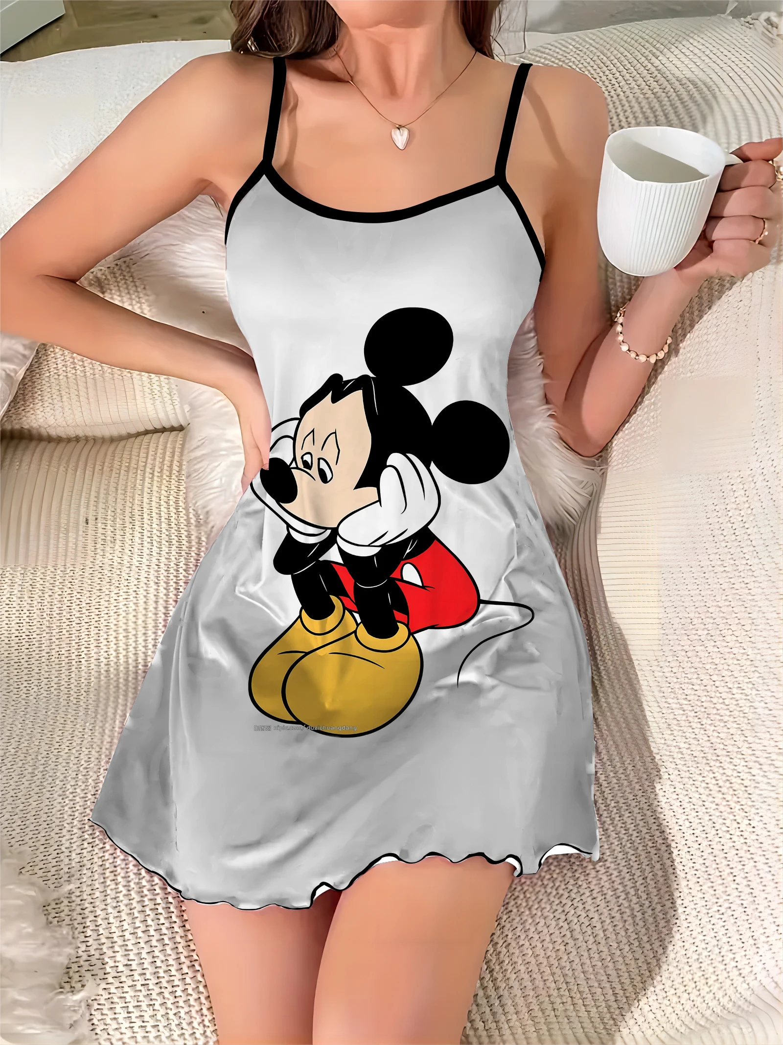 

Sexy Dress Minnie Mouse Lettuce Trim Satin Surface Pajama Skirt Mickey Disney Fashion Summer Dresses 2024 Crew Neck Elegant Chic