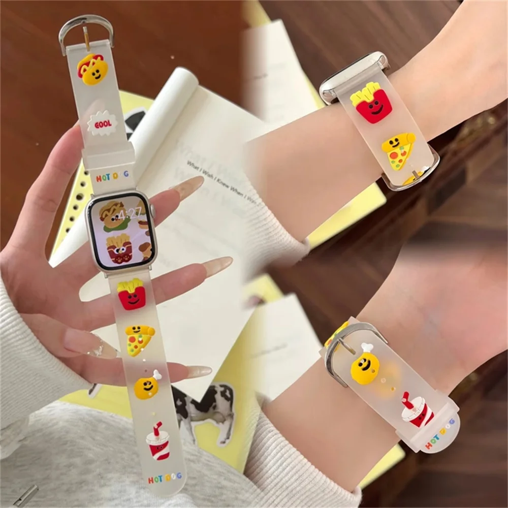 Cute Cartoon Burger Fries Clear Band For Apple Watch 44mm 40 45 41 49 42 38 Soft Silicone Strap For Ultra Serie 9 8 SE 7 6 5 4 3