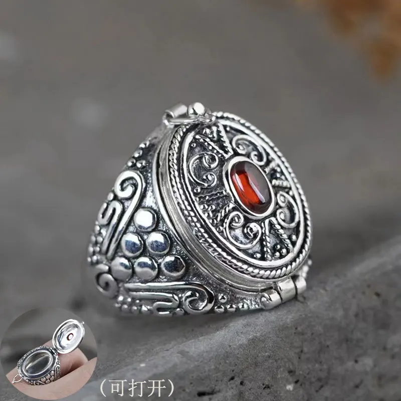 Vintage Silver Color Gawu Box Open Rings Red Zircon Openable Cover Rings Antique Ring Anniversary Jewelry Gifts