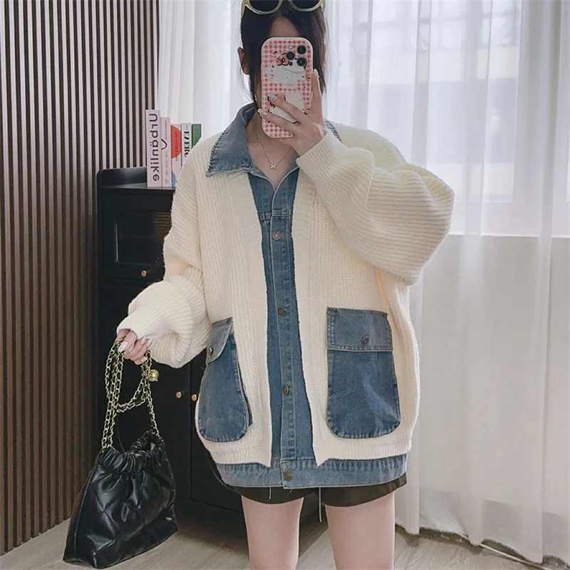 Korean version fake two-piece sweater jacket women 2024 autumn&winter new trend loose fitting patchwork denim open knit tops