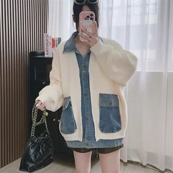 Korean version fake two-piece sweater jacket women 2024 autumn&winter new trend loose fitting patchwork denim open knit  tops