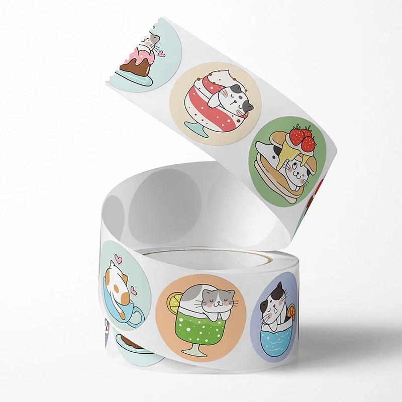 500pcs Cartoon Cat Stickers Round Adhesive Labels For Kids Children Teacher Prize Business Gift Wraps Decorative Stickers