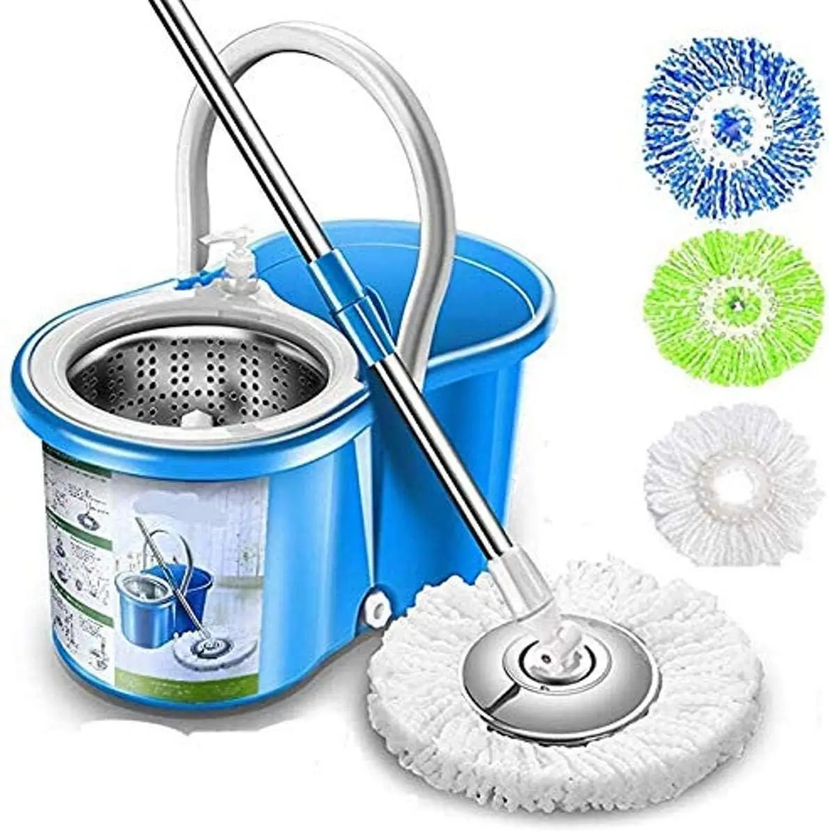 

4-Head Spin Mop with Microfiber Heads, Stainless Steel Handle, Easy Drain Plug - Efficient Cleaning Tool