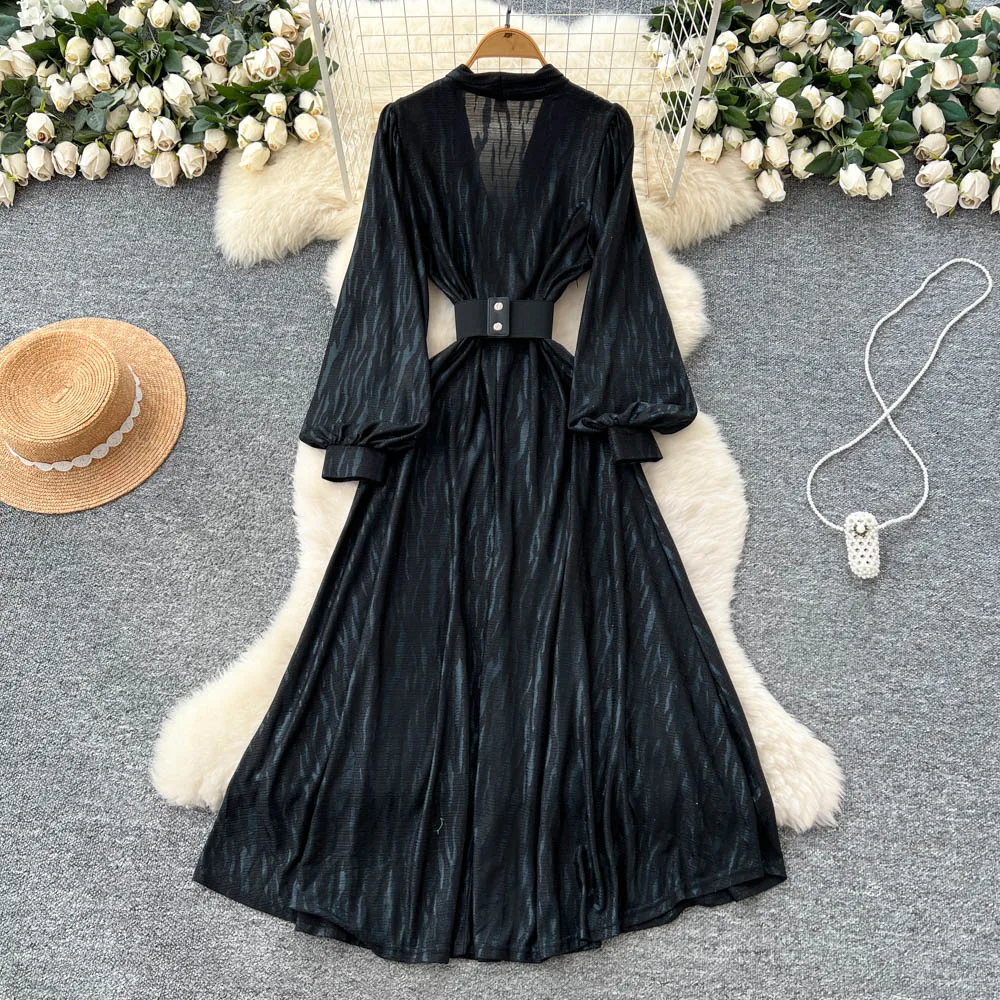 Chic vintage scollo a V strass Elegante fata moda coreana Boho Sundress abbigliamento donna Abito lungo