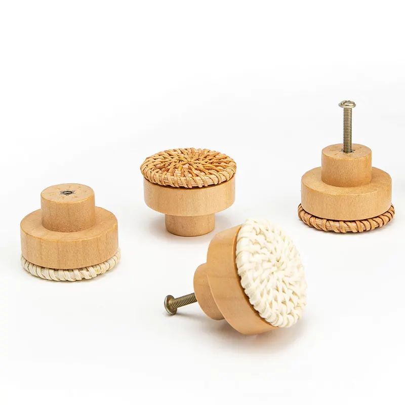 1/6pcs Boho Rattan Cabinet Dresser Knobs Round Handmade Cabinets Drawer Pulls Furniture Wooden Handles With Screw