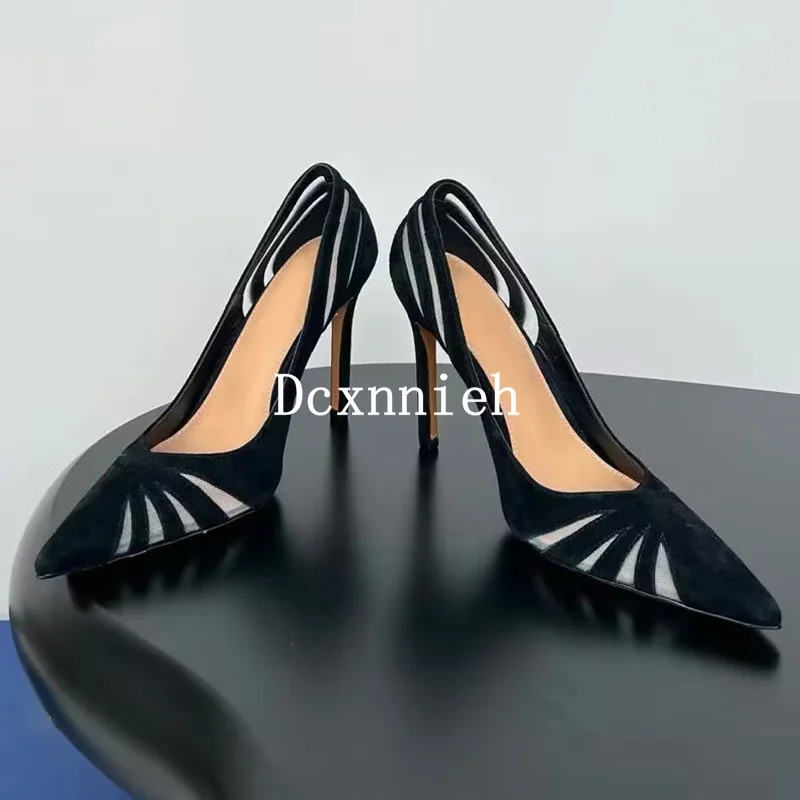 Mesh splicing design, solid color breathable high heels summer pointed women's minimalist shallow cut commuting sandals 2024