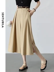 SENTUBILA Elegant Khaki Skirt Pants for Women 2024 Summer Fashion Casual Elastic Waist Loose Side Split Wide Leg Pleated Pant