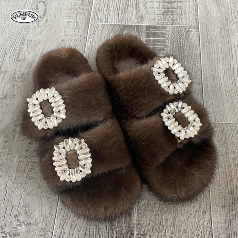 2024 Women\'s Fur Slippers 100% Real Mink Fur Slippers Europen Station Ladies Fur Slides Flat Heel Luxury Fashion Mink Slippers