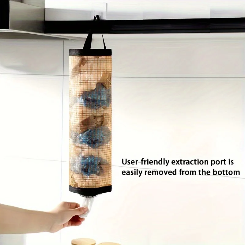 Hanging Mesh Plastic Bag Dispenser Wall Mount Trash Bag Storage Pouch Reusable Garbage Bag Organizer for Kitchen Bathroom