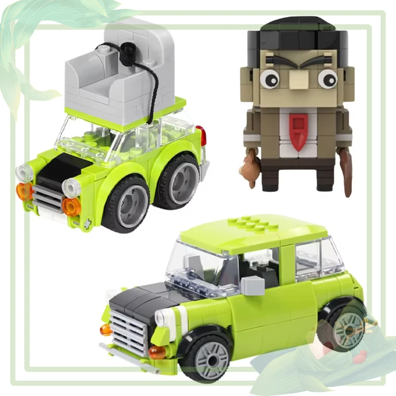 MOC شخصيات الفيلم الكلاسيكي Brickheadz Mr Bean's Mini Sports Racing Green Sedan نموذج اللبنات مجموعة ألعاب ألغاز للأطفال هدية