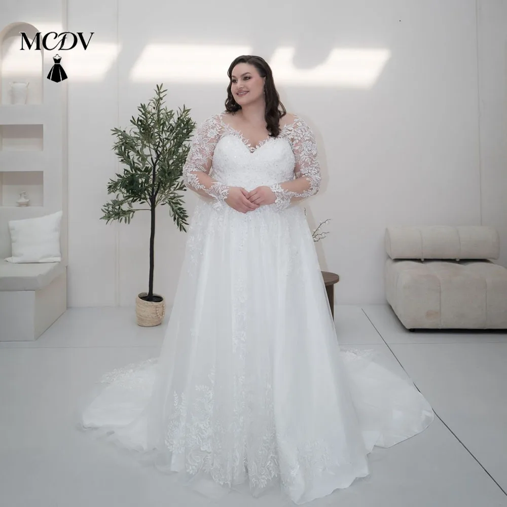 

Lace Boho Wedding Dresses For Large Size Women Full Sleeve Applique A-Line Vestidos De Novia manga larga en encaje Customized