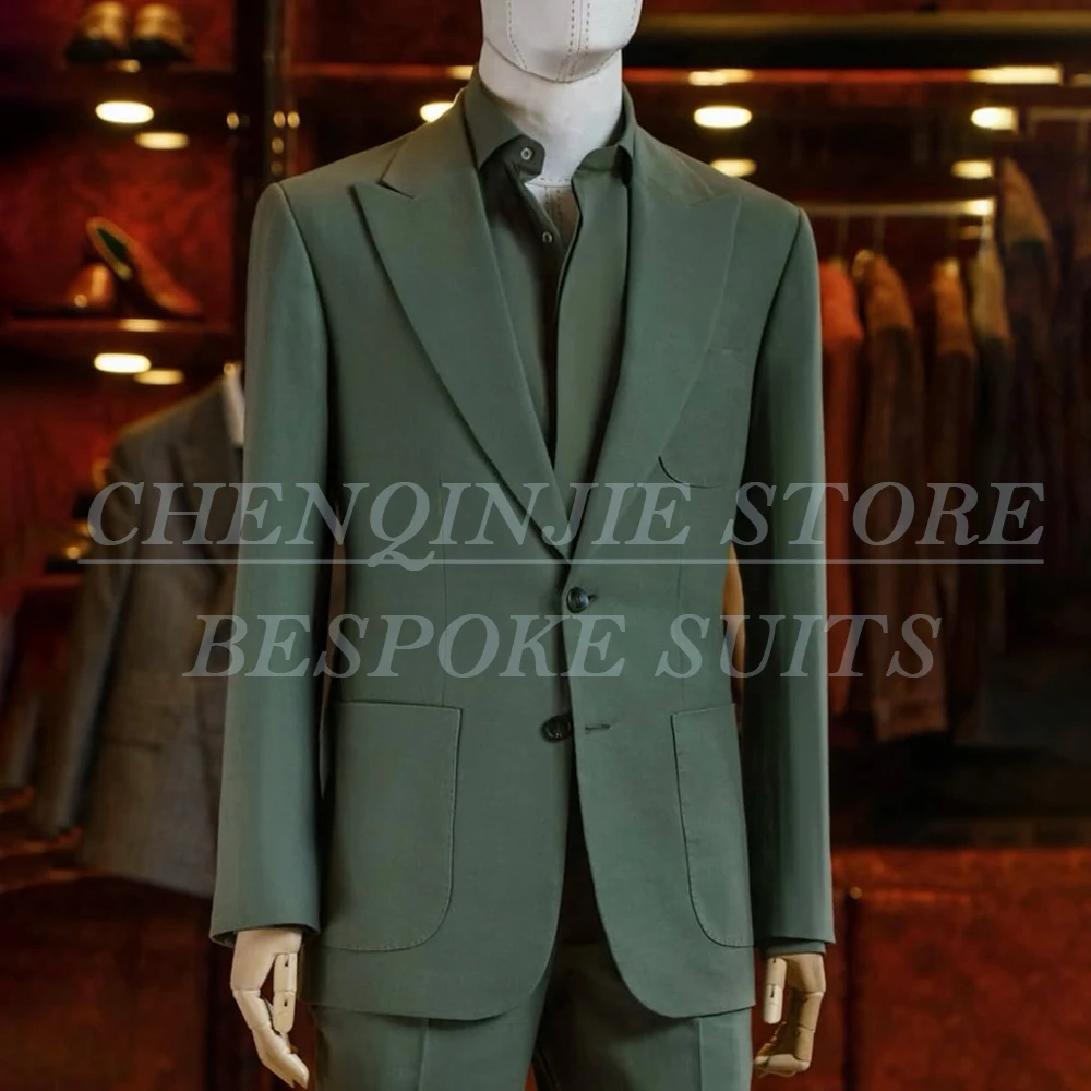 

Customized Men's Suits Chic Green Smart Casual 2 Piece Jacket Pants Customzied Single Breasted Peak Lapel Slim Fit Male Clothing
