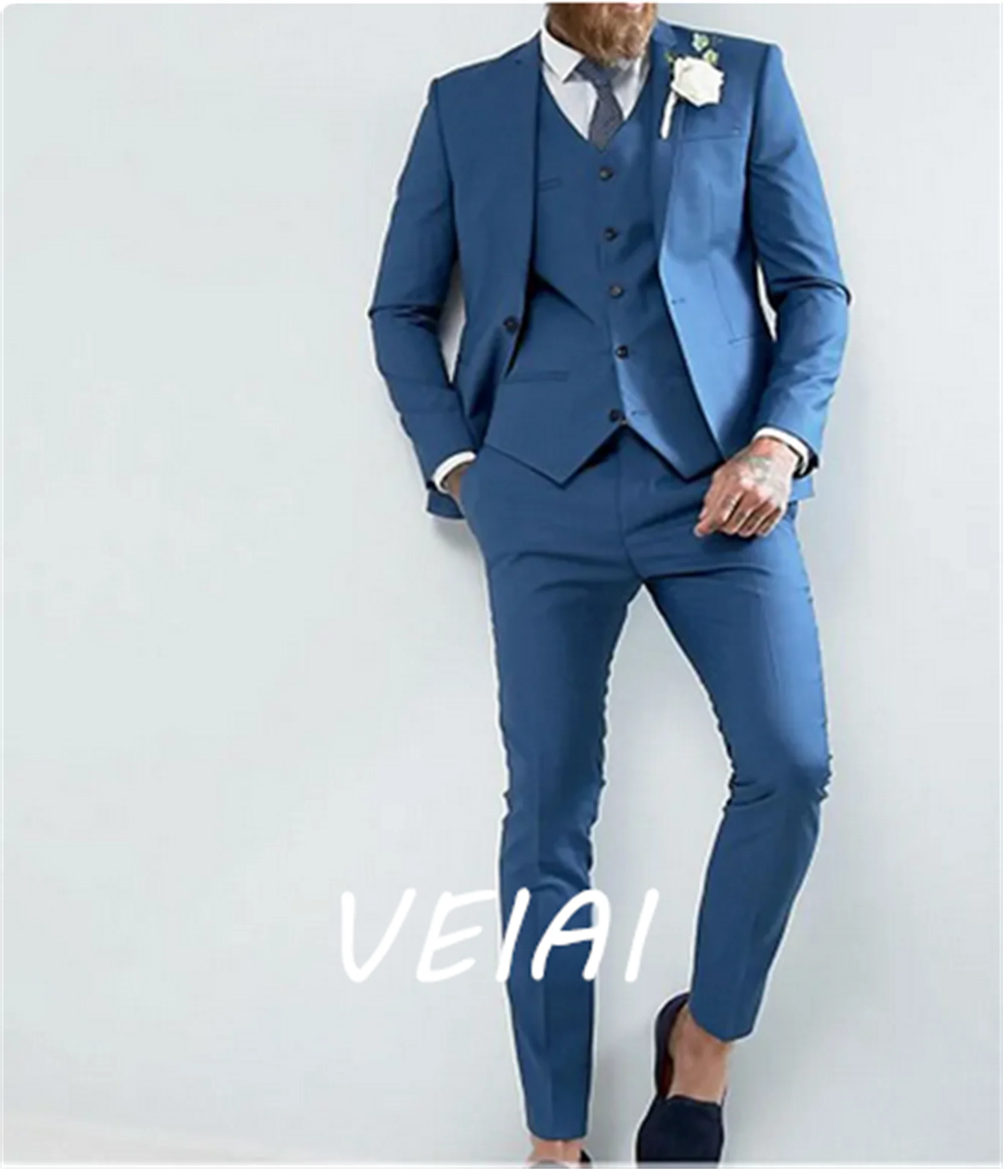 

Blue Slim fit Groom Tuxedo for Wedding 3 piece Formal Men Suits with Notched Lapel Custom Man Fashion Jacket Waistcoat with Pant