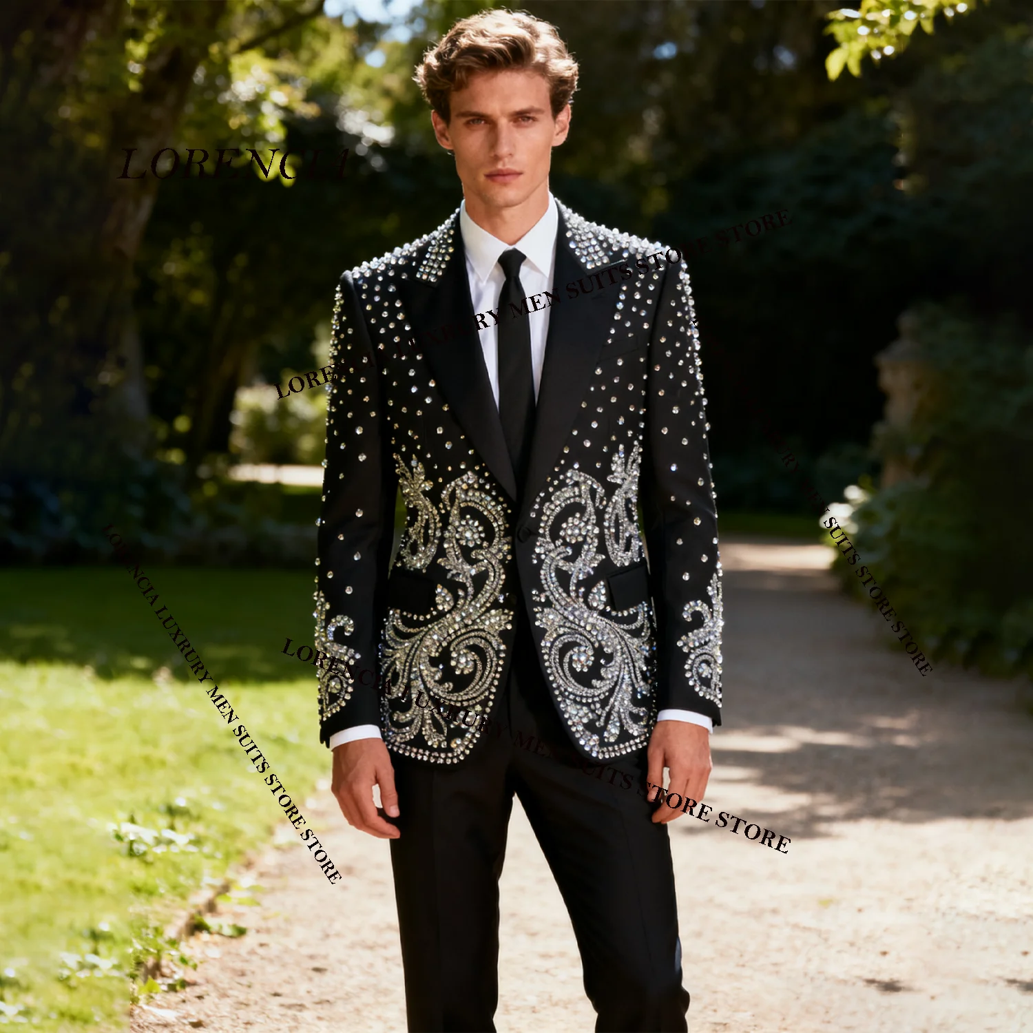 

Sparkly Gem Diamond Men Suit Wedding Tuxedos 2 Pieces Sets Single Breasted Groom Male Blazers Customized Slim Fit Ropa hombre