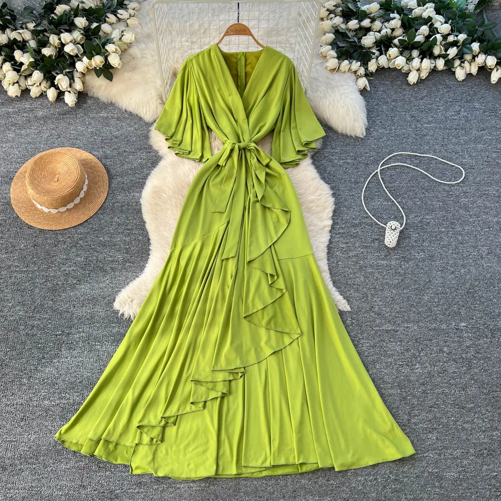 

Шикарные элегантные асимметричные винтажные шикарные тонкие платья с v-образным вырезом, корейская мода, уличная женская одежда