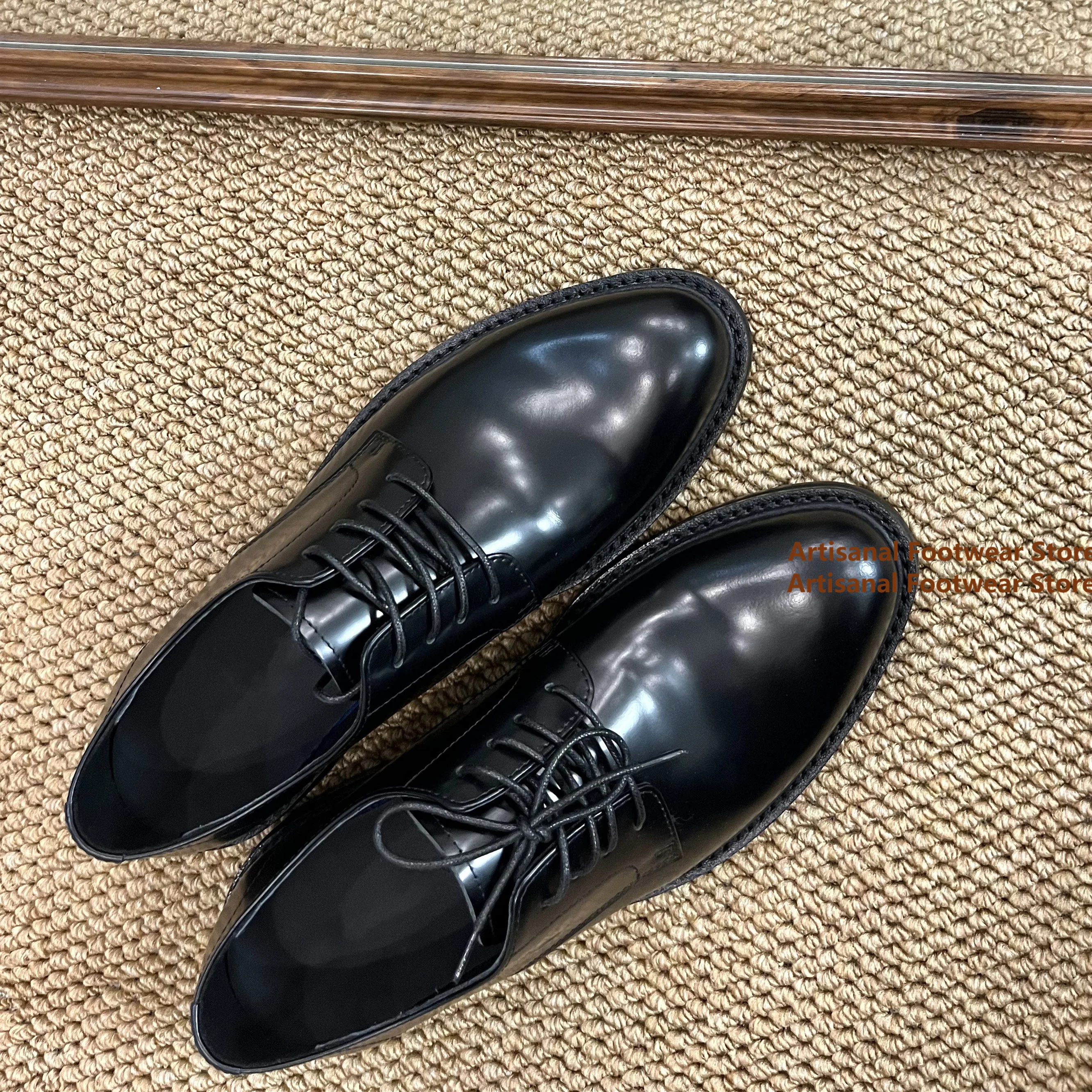 Black Shiny Cowhide Round Toe Derby Shoes Elegant British Style Lace Up Casual Leather Shoes Men's Business Formal Leather Shoes