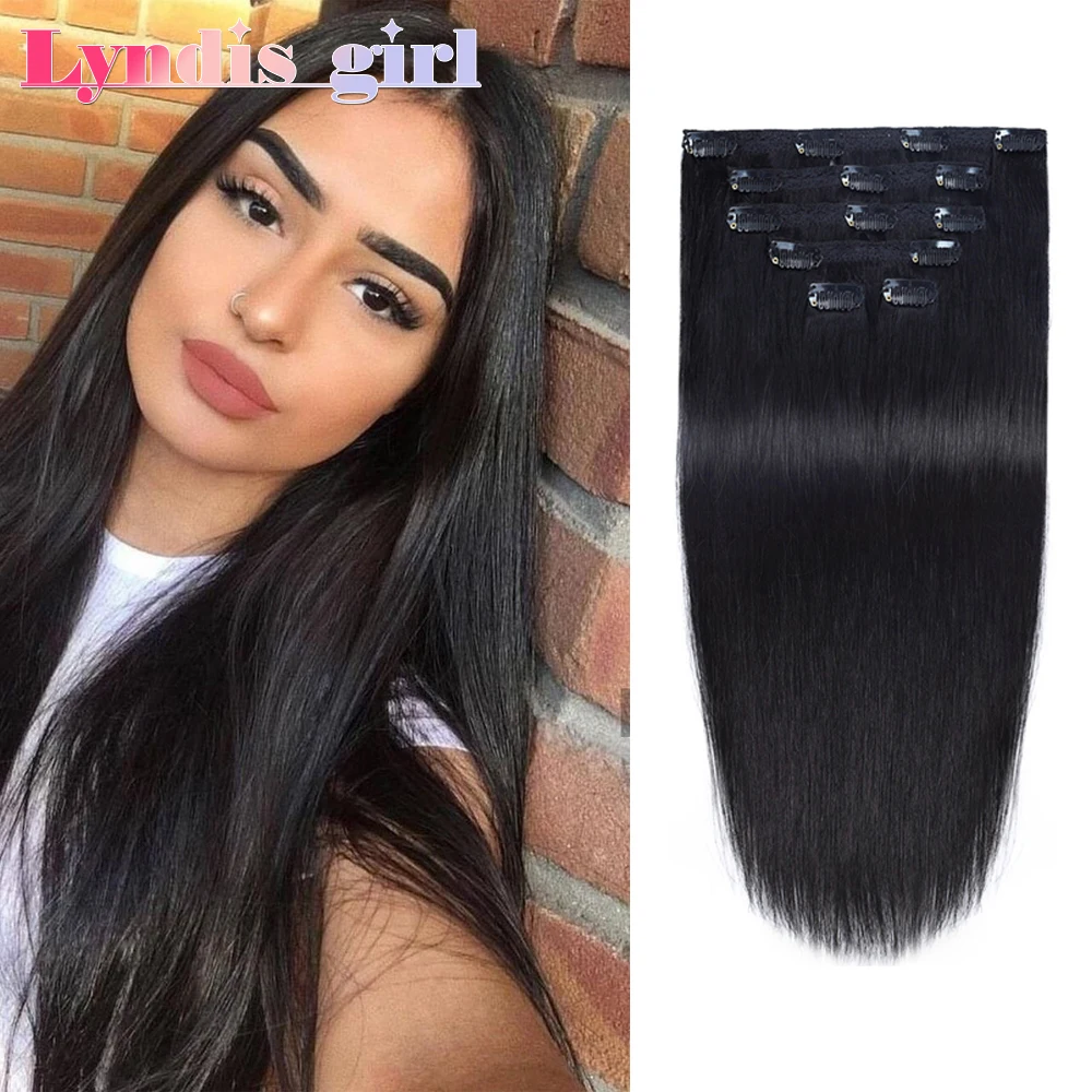 Grampo em extensões do cabelo para mulheres, cabelo humano, cabeça cheia, brasileiro, reto, hairpiece natural, Remy, 14-22"