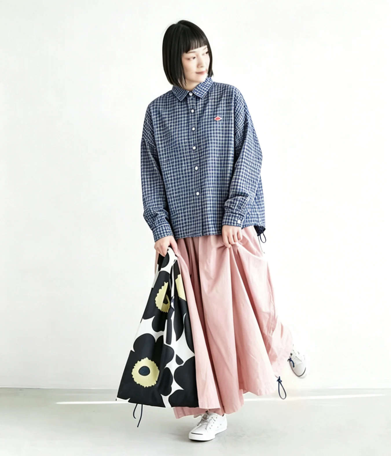 DANTON Spring/Summer New Simple Loose-Fit Versatile Collar Color-Block Plaid Long-Sleeve Shirt