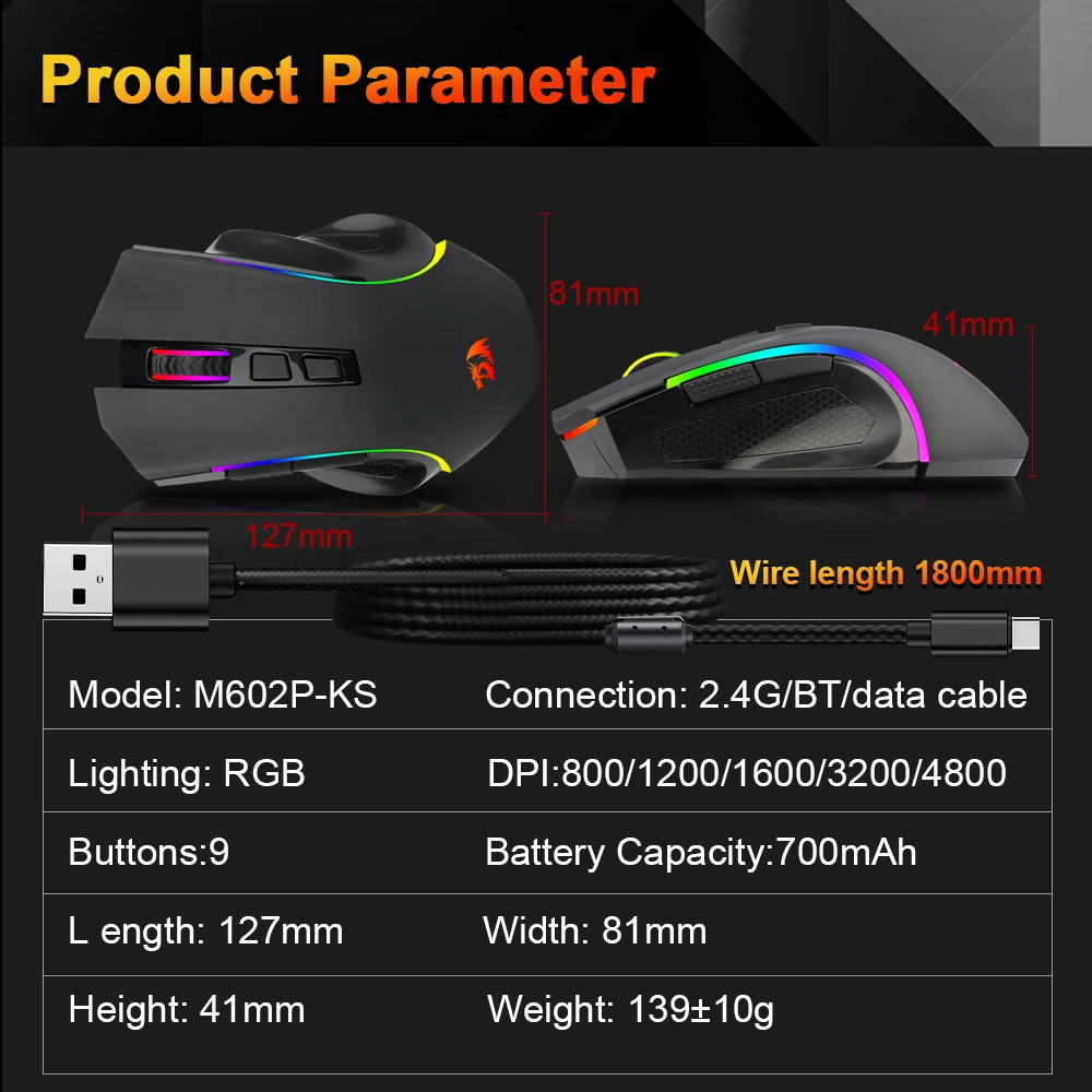 REDRAGON Griffin M602P-KS RGB USB 2.4G دعم لاسلكي بلوتوث ماوس ألعاب سلكي 4800 ديسيبل متوحد الخواص للاعبين الفئران الكمبيوتر الكمبيوتر المحمول