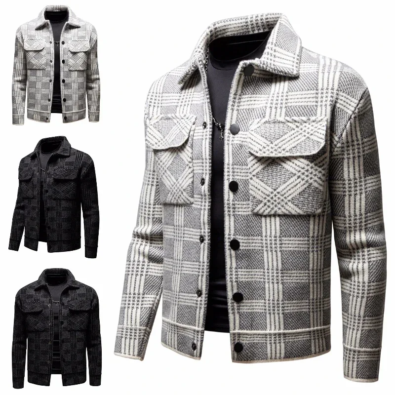 Men's New Fashion Autumn Long Sleeve Coat Lapel Plaids Casual Pocket Overalls