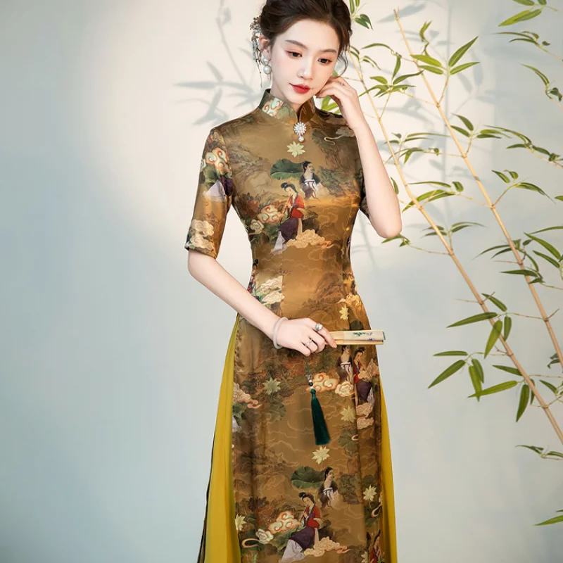 

Улучшенное улучшенное платье Aodai Qipao в традиционном китайском стиле, винтажное классическое длинное атласное платье Cheongsam с воротником-стойкой, Vestidos 5XL