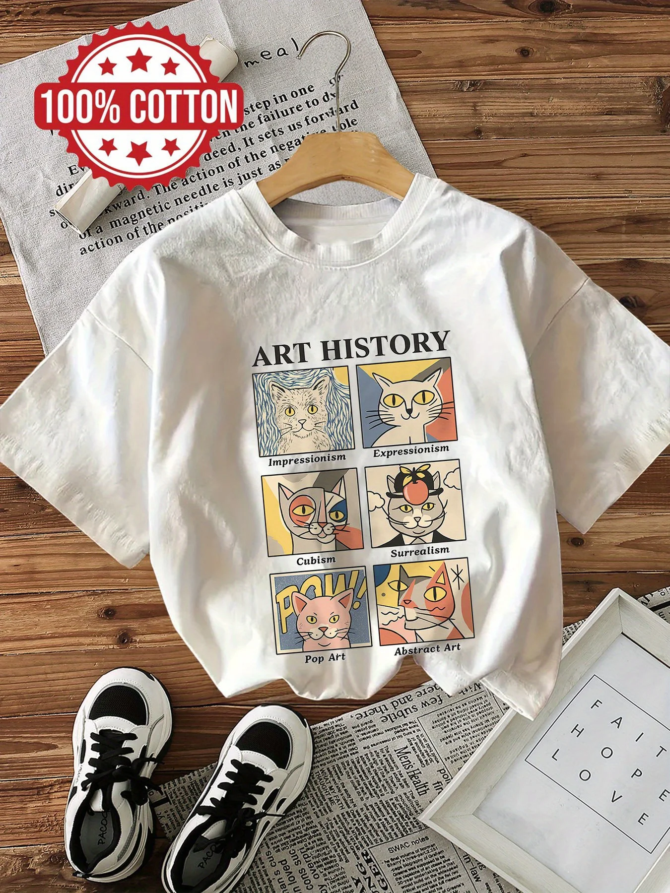 

Art History Impressionism Graphic Top Casual Loose Round Neck Women's T-Shirt Short Sleeve Cotton Tee Illustrations Cat T Shirts