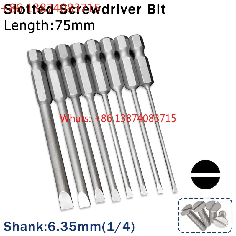 6/10pcs Flat Head Screwdriver Bits 75mm Long Magnetic Tip Slotted Screwdriver Bits S2 Steel 1/4 Inch Shank Flat Head Bits