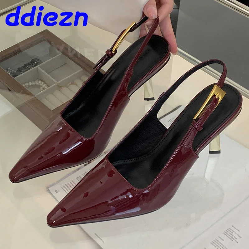 Wine Red Footwear Pumps Women 9cm Super High Heels Shoes Female Pointed Toe Fashion Metal Buckle Ladies Heels Shoes 2024