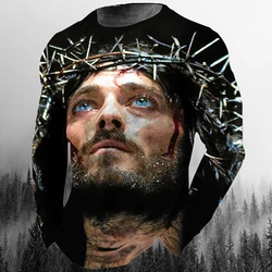Long Sleeve Tshirts 3D Print Retro Jesus Christ Streetwear Loose Men Women Unisex Round Neck Harajuku Oversized TShirt Clothes