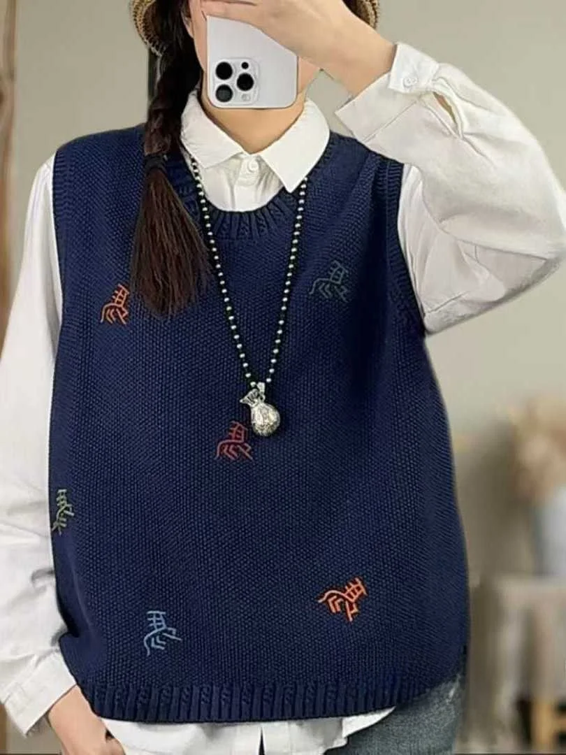 

Женский вязаный жилет Ele с вышивкой и круглым вырезом, универсальный, для многослойных образов, как топ или верхняя одежда