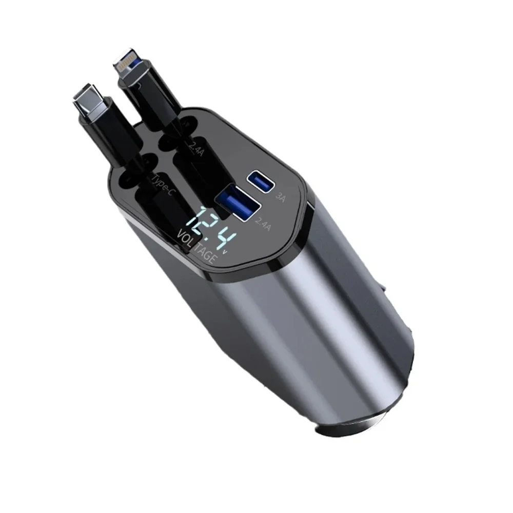4 in 1 100W Retractable Car Charger Fast Car Phone Charger with iPhone and Type C Cable and 2 Charging Ports Car Charger Adapter