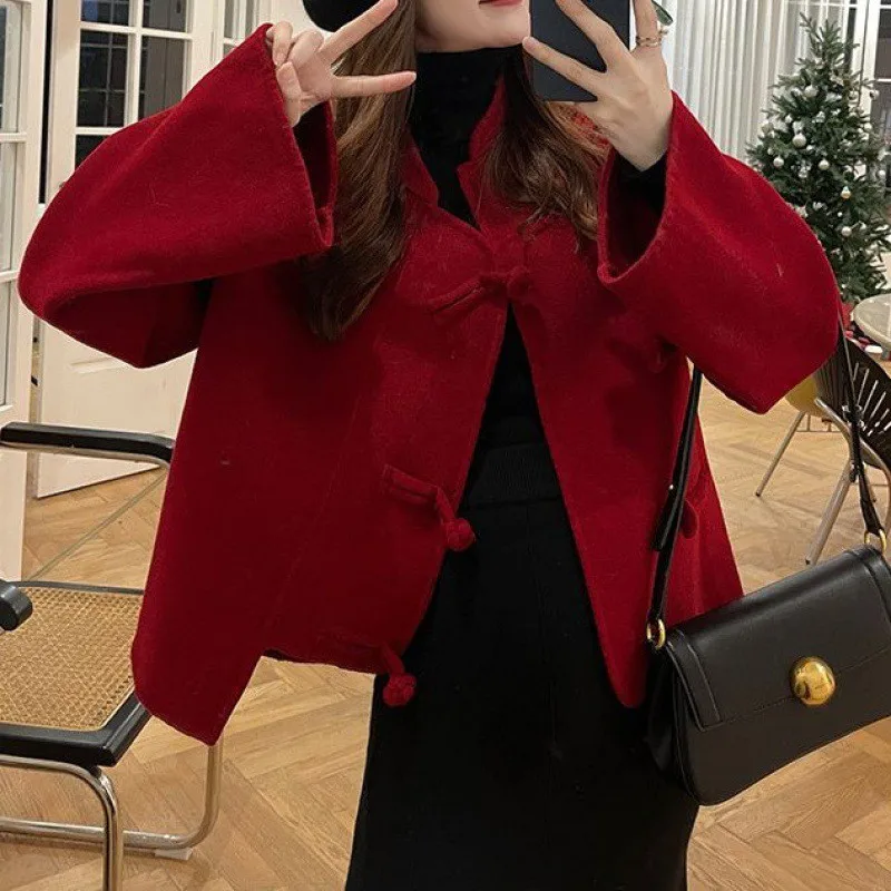 New Chinese style red Christmas woolen coat femininity celebrity high-end New Year's robe woolen outside