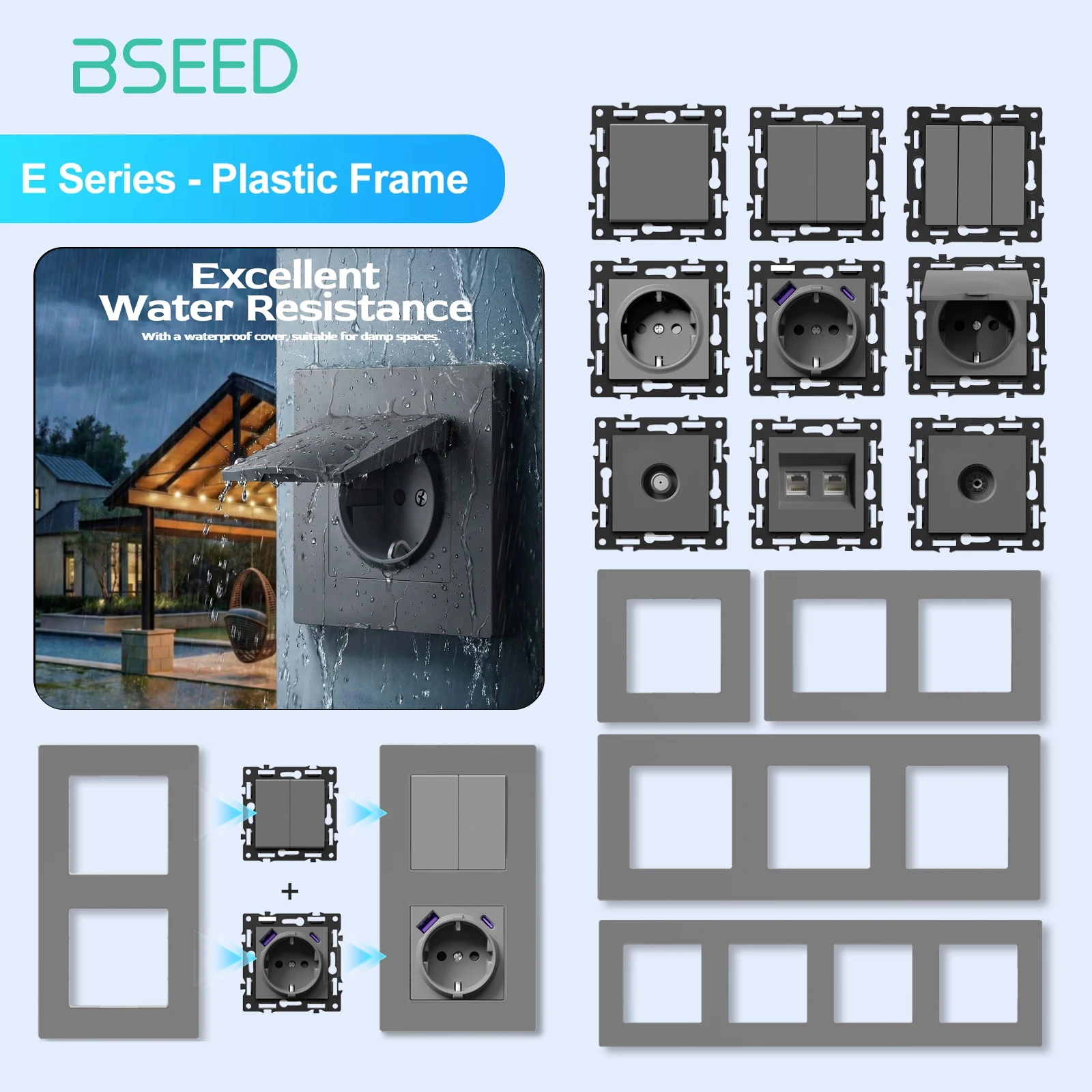 Interruptores de Luz Mecánicos BSEED de 1/2/3 Vías, Enchufes Eléctricos de Pared EU/FR con Cubierta, USB Tipo C, Piezas DIY, Marcos de PC Mate