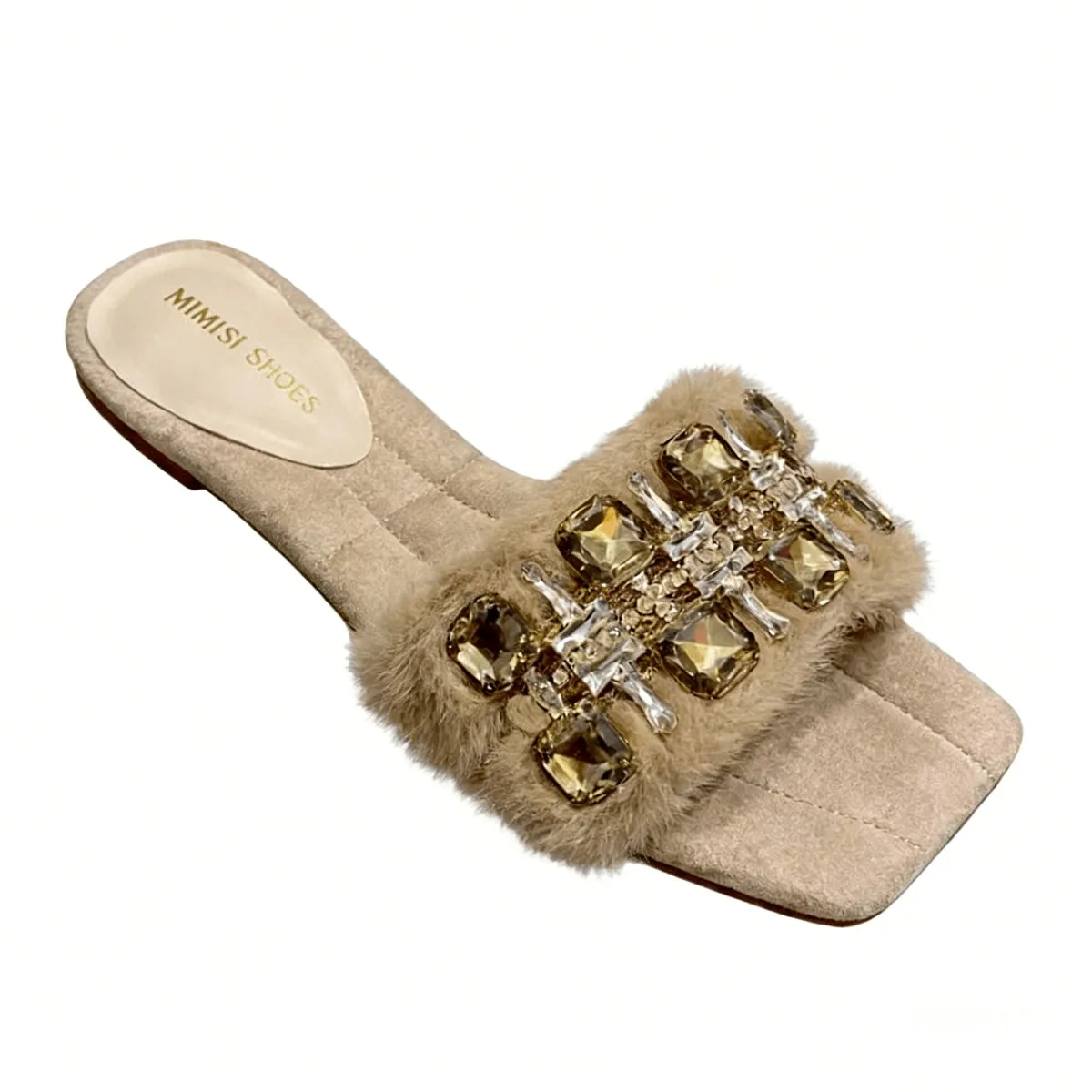

Square Toe Furry Slippers for Women to Wear Exquisite Rhinestone Open-Toe Thick 3cm Heel Shoes