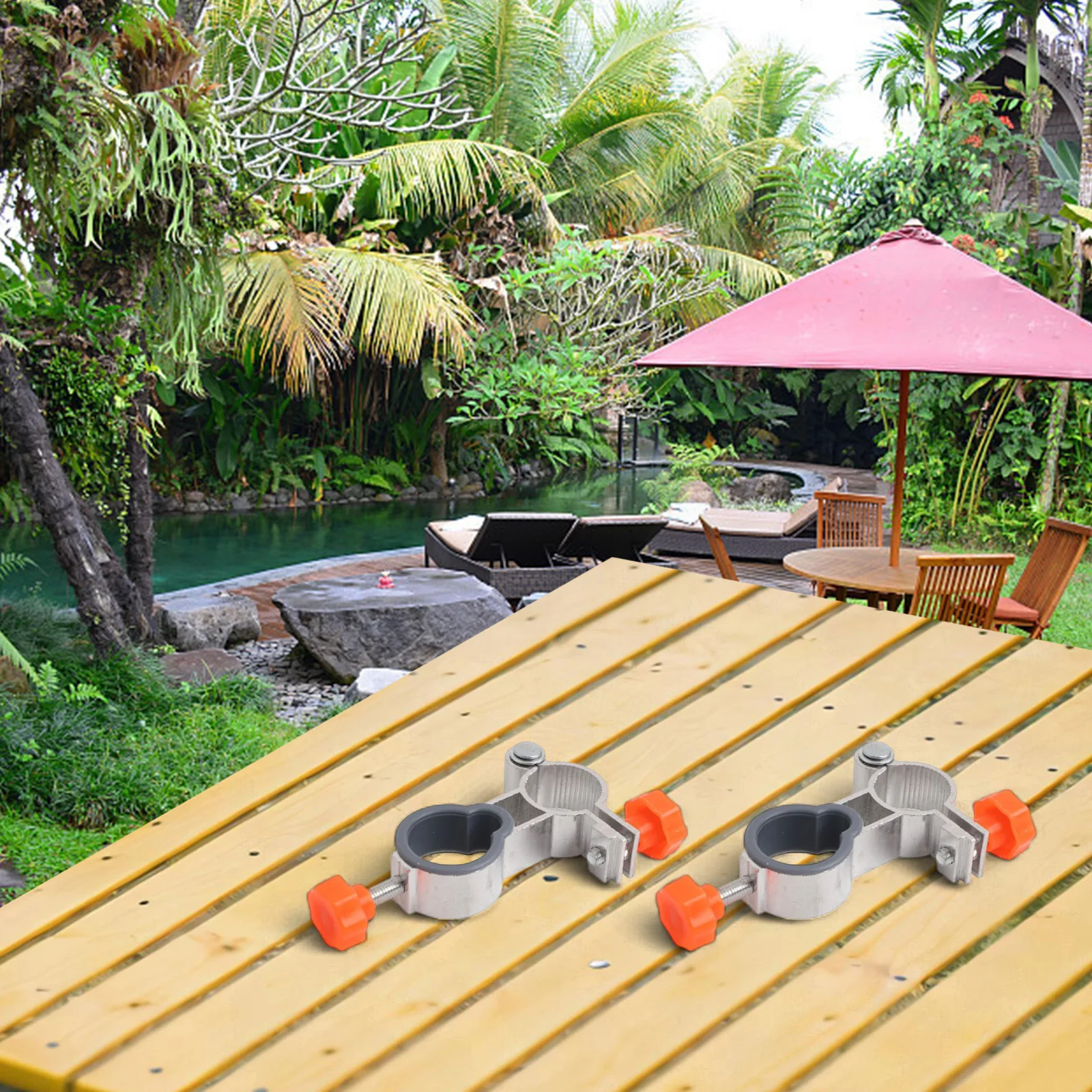 Set of 2 Clip On Mounts for Garden Chair Umbrella Holder Made of Aluminum Alloy with Locking Closure Fits 25mm Tube for Patio