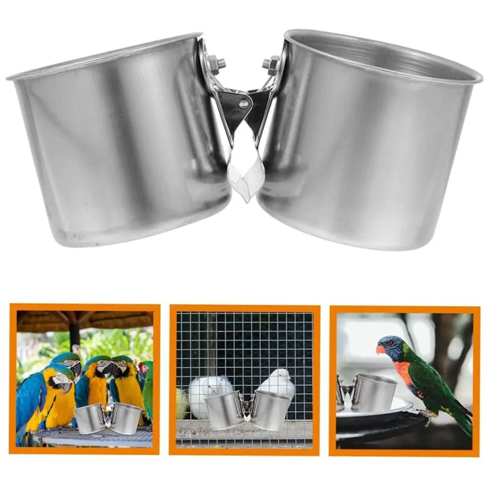 2in1 Bird Food Container Detachable with Clip Bird Feeder Double Cups Large Capacity Stainless Steel Parrot Food Holder