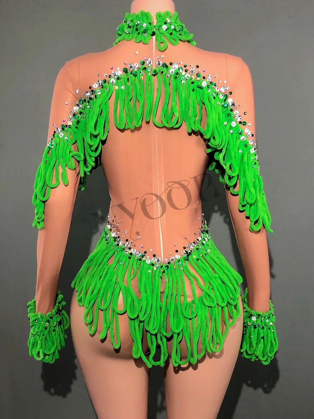 Body feminino com borlas brilhantes e mangas compridas, malha sexy transparente para performance de dança, roupa de palco para festa