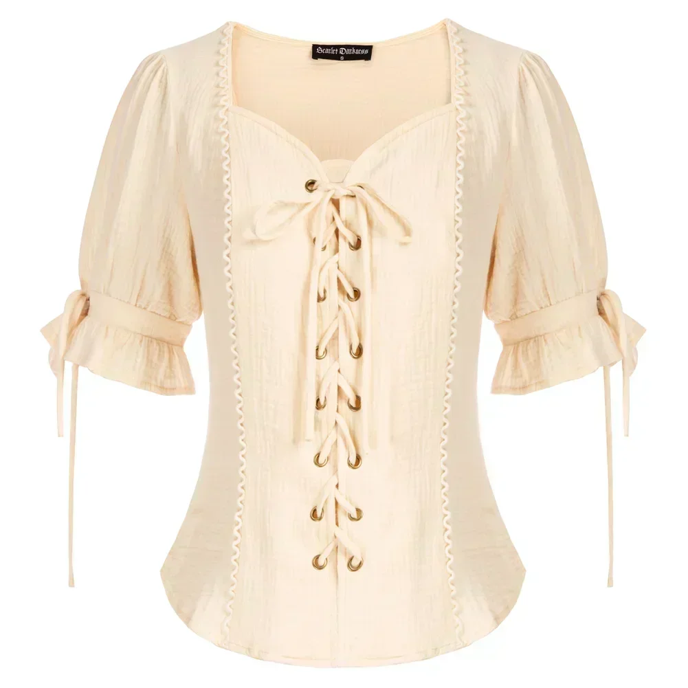 Women's shirt Lacing At Front Pullover Blouse Shirts Vintage Short Sleeves V-Neck Tops Summer blouses Elegant Ladies Tee Top