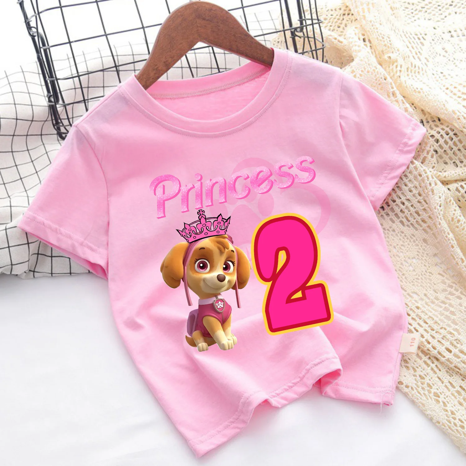 Paw Patrol Skye T-shirt Children Birthday Number Tee Top Girls Pink Clothes Cartoon Anime Short Sleeve Kids Loose Clothing Gift - view 3