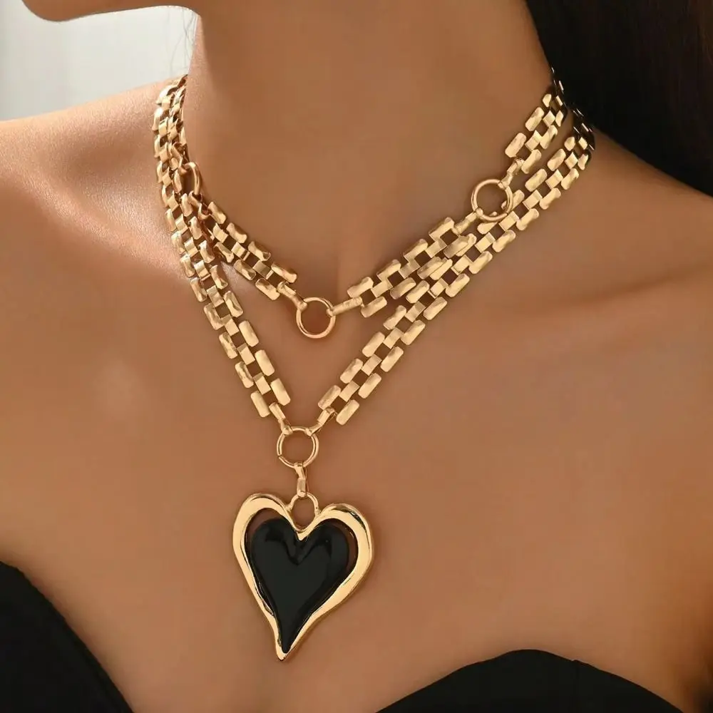 Gold Color Heart Jewelry Set Enamel Heart Chunky Chain Heart Pendant Necklace Red Peach Heart Irregular Strap
