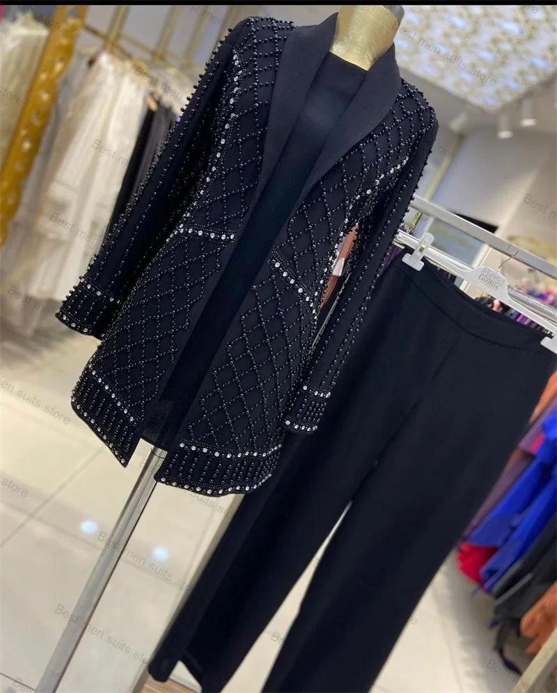 Crystals Beaded Luxury Women Suit Set 2 Pieces Blazer+Pant Formal Office Lady Blue Black Wedding Jacket Coat Trousers Customize