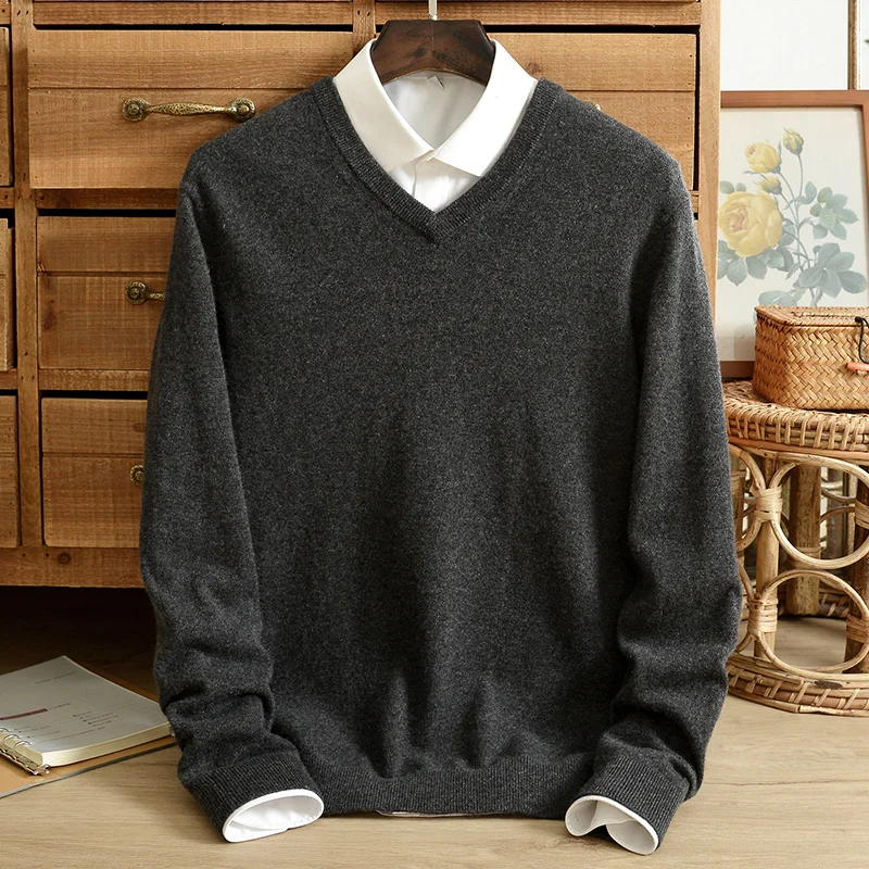 Autumn and winter men's v-neck 100% pure cashmere sweater pullover business solid color Korean version knitted sweater casual