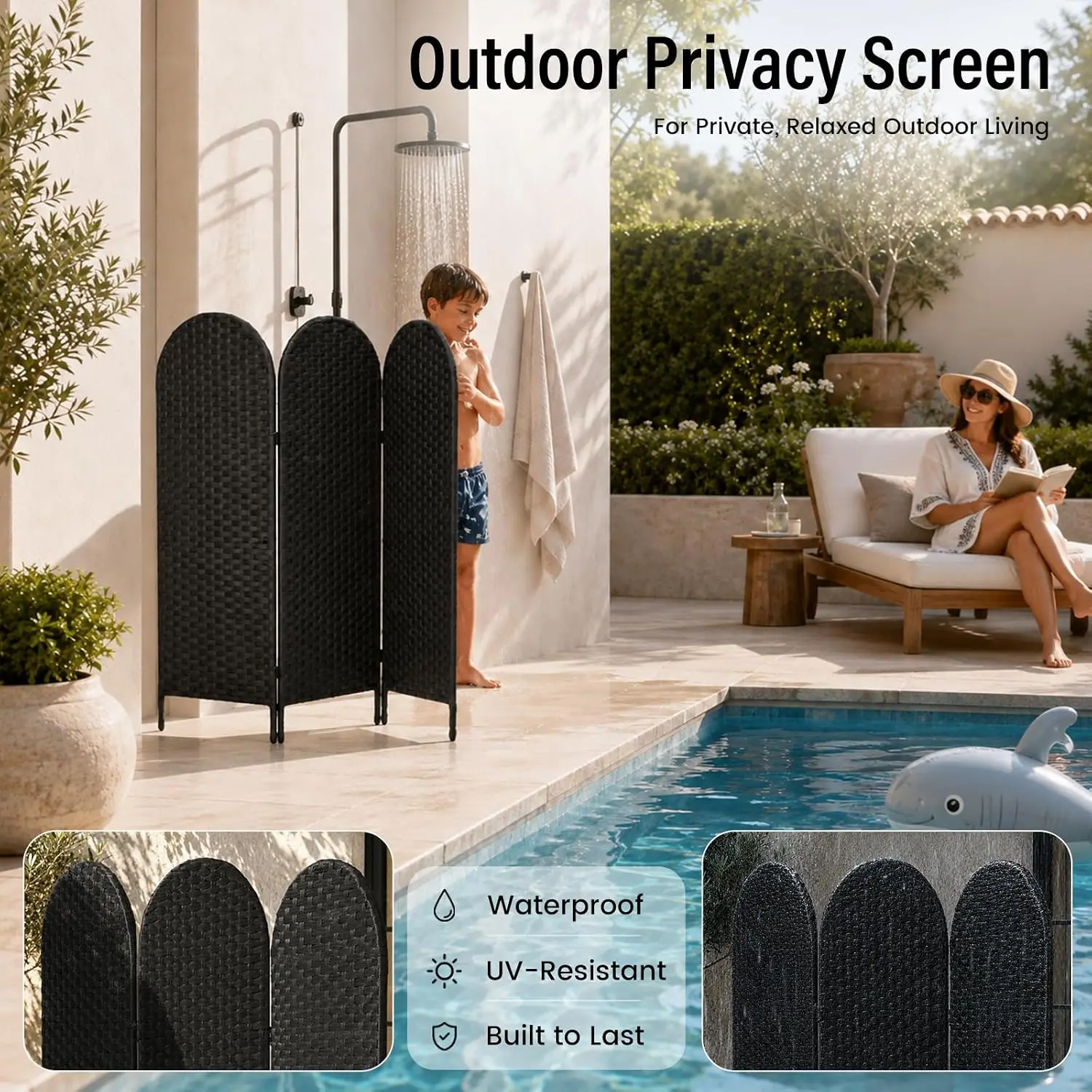 3 Panel PE Rattan Room Divider, Privacy Screen with Metal Frame