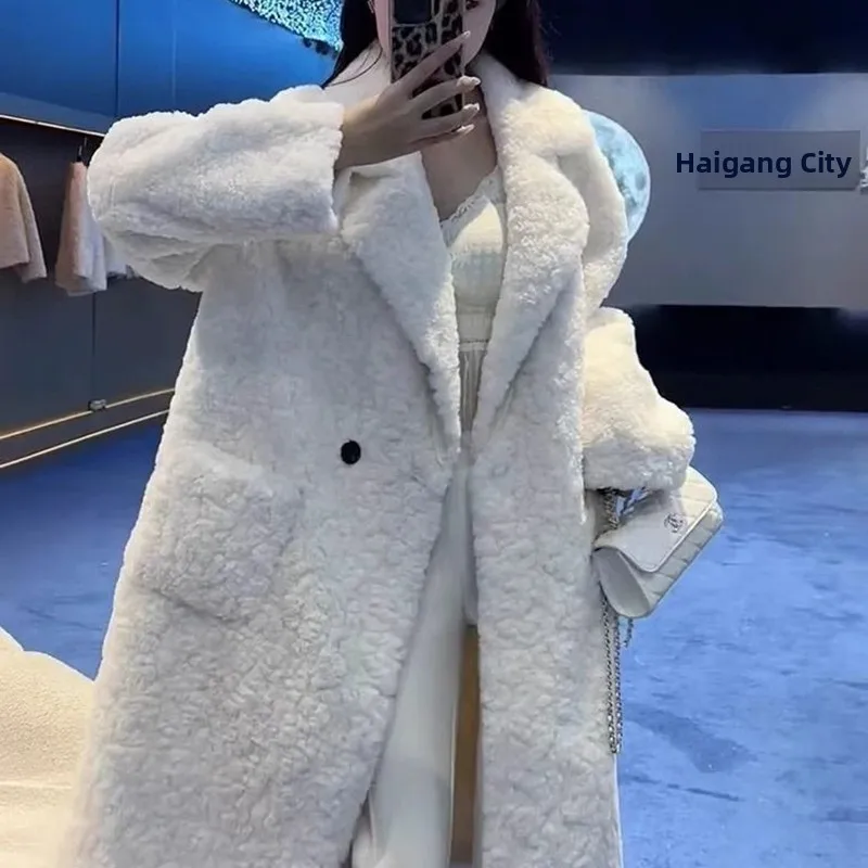 

Eco-Friendly Lamb Fur Collar Oversize Coat Women's Winter Outerwear Inteated Leather And Fur Korean Sle Long Sve Jaet