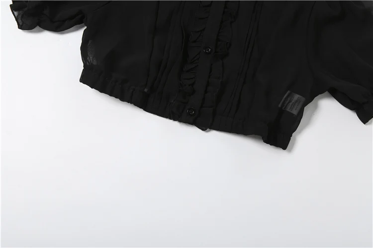 Nibber Chic T-Shirt für Damen, einreihig, durchsichtig, Falten, Puffärmel, Liniendekoration, süße Sommermode, tägliche Streetwear – Detail 11