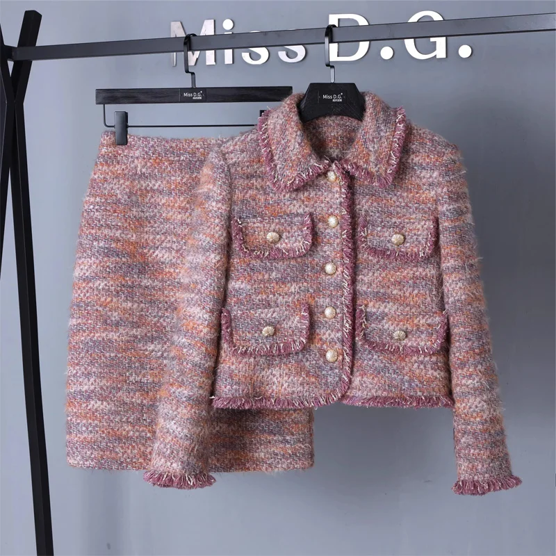 

Женский элегантный шикарный деловой костюм, куртка, пальто, топ и юбка, комплект из двух предметов для женщин, зимняя жаккардовая винтажная одежда