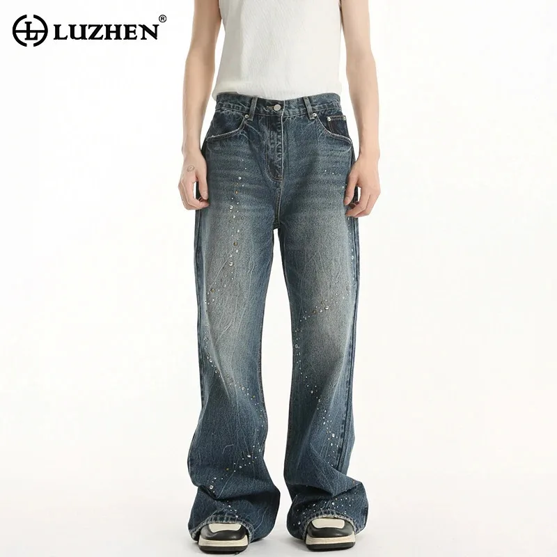 

LUZHEN Design 2025 New Sequin Patchwork Wornout Burr Edge Straight Jeans Men's Fashion High Quality Casual Denim Pants JY2595